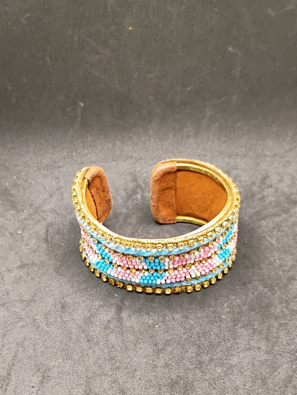 Beaded Gold-Tone Cuff Bracelet with Blue and Pink Accents